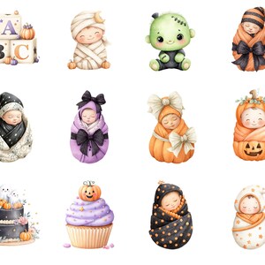 May include: A collection of twelve watercolor illustrations featuring Halloween-themed elements including alphabet blocks with pumpkins, babies wrapped in swaddles with various patterns, a green monster, a ghost cake, and a pumpkin cupcake.