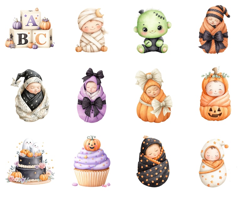 May include: A collection of twelve watercolor illustrations featuring Halloween-themed elements including alphabet blocks with pumpkins, babies wrapped in swaddles with various patterns, a green monster, a ghost cake, and a pumpkin cupcake.