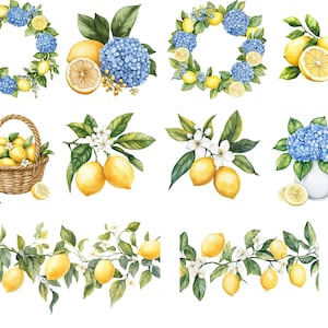 May include: Watercolor illustrations of lemons and blue hydrangeas. The image includes wreaths, bouquets, and branches with lemons and white blossoms. A basket filled with lemons is also shown. The artwork has a fresh, summery feel.