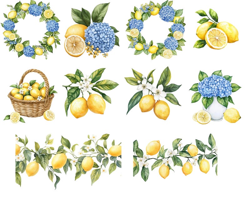 May include: Watercolor illustrations of lemons and blue hydrangeas. The image includes wreaths, bouquets, and branches with lemons and white blossoms. A basket filled with lemons is also shown. The artwork has a fresh, summery feel.