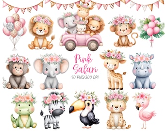 Pink Safari Animals Clipart, Baby Girl Clipart Png, Safari Nursery Decor, Safari Png, Baby Elephant, Lion, Jungle Clipart, Wild One