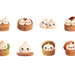 May include: A collection of adorable cartoon dumplings with smiling faces. The dumplings are presented in various wooden steamer baskets and on a small plate, with some featuring green leaves. The image has a cute, food-themed aesthetic.