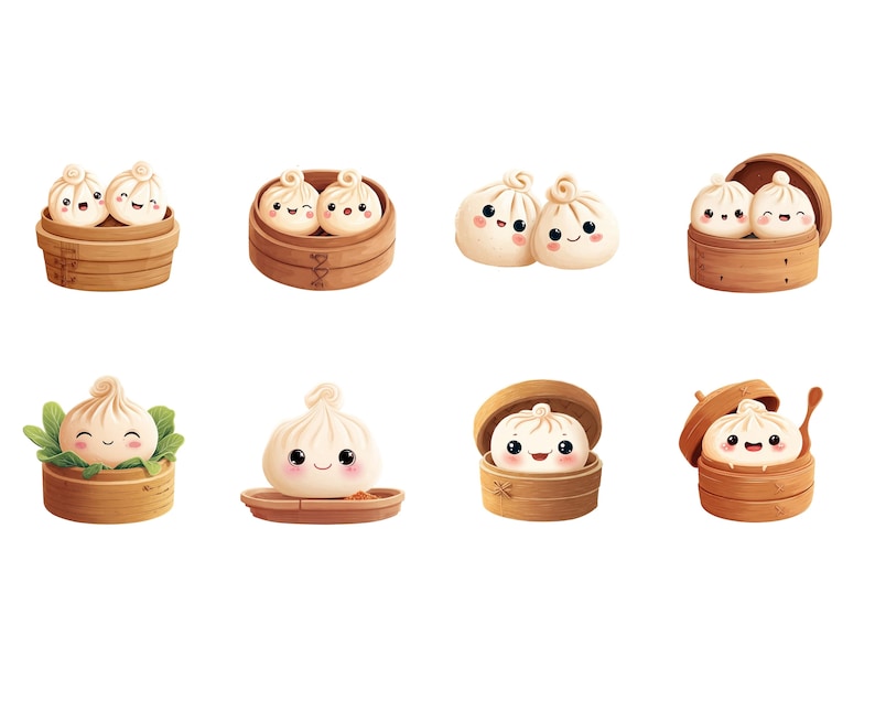 May include: A collection of adorable cartoon dumplings with smiling faces. The dumplings are presented in various wooden steamer baskets and on a small plate, with some featuring green leaves. The image has a cute, food-themed aesthetic.