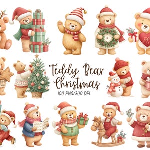 Könnte beinhalten: Aquarellillustrationen von Teddybären in festlicher Weihnachtskleidung. Die Bären sind mit Weihnachtsaccessoires wie Weihnachtsmützen, Schals und Geschenken dargestellt. Der Text "Teddy Bear Christmas" ist ebenfalls enthalten.