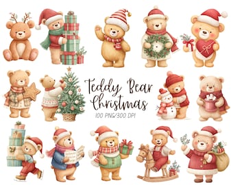 May include: Watercolor illustrations of teddy bears in festive Christmas attire. The bears are depicted with holiday accessories like Santa hats, scarves, and gifts. The text "Teddy Bear Christmas" is also included in the image.