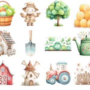 May include: Watercolor illustrations of farm-themed objects. Includes a basket of pumpkins, a scarecrow, a tree, hay bales, a house, a shovel, a garden, a watering can, a barn, a windmill, a tractor, and a fence with flowers.