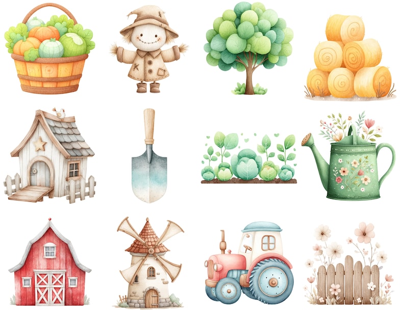 May include: Watercolor illustrations of farm-themed objects. Includes a basket of pumpkins, a scarecrow, a tree, hay bales, a house, a shovel, a garden, a watering can, a barn, a windmill, a tractor, and a fence with flowers.
