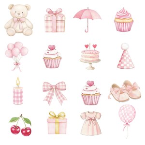 K&ouml;nnte beinhalten: Aquarellillustrationen von Baby-Artikeln in Rosat&ouml;nen. Enth&auml;lt einen Teddyb&auml;ren, Geschenkboxen, einen Regenschirm, Cupcakes, Luftballons, eine Torte, eine Partyh&uuml;tchen, eine Kerze, Schleifen, Babyschuhe, Kirschen, ein Kleid und einen Ballon.
