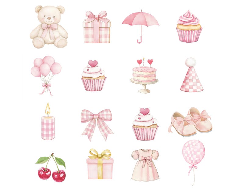 K&ouml;nnte beinhalten: Aquarellillustrationen von Baby-Artikeln in Rosat&ouml;nen. Enth&auml;lt einen Teddyb&auml;ren, Geschenkboxen, einen Regenschirm, Cupcakes, Luftballons, eine Torte, eine Partyh&uuml;tchen, eine Kerze, Schleifen, Babyschuhe, Kirschen, ein Kleid und einen Ballon.