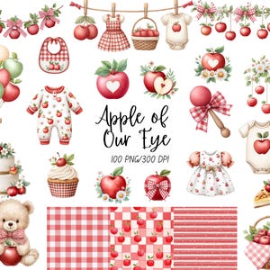 May include: A collection of watercolour illustrations with an apple theme, including baby clothes, a teddy bear, and a cake. The central text reads "Apple of Our Eye". The colour palette is predominantly red and white.