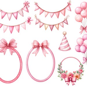 May include: A watercolour illustration of pink party decorations. Includes bunting, balloons, bows, oval frames, and a party hat. The decorations are in shades of pink and white, ideal for a birthday or celebration.