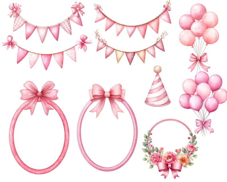 May include: A watercolour illustration of pink party decorations. Includes bunting, balloons, bows, oval frames, and a party hat. The decorations are in shades of pink and white, ideal for a birthday or celebration.