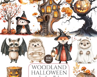 Halloween Woodland Animals Clipart Bundle, Cute Fall Halloween PNG, Animal Clipart for Scrapbooking, Commercial Use