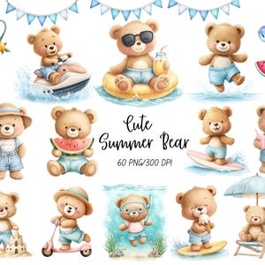 Clipart de oso de verano, clipart de acuarela, arte infantil, oso de peluche PNG, playa, uso comercial