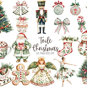 Toile Christmas Clipart, Festlig Chinoiserie, Nötknäppare Clipart, Vintage Jul, Jultomten, Järnek, Rött Och Grönt