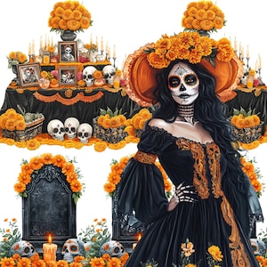 May include: An illustration of a Day of the Dead altar with skulls, marigolds, candles, and a woman in a black dress and sugar skull makeup. The altar is decorated with orange flowers and framed photos.