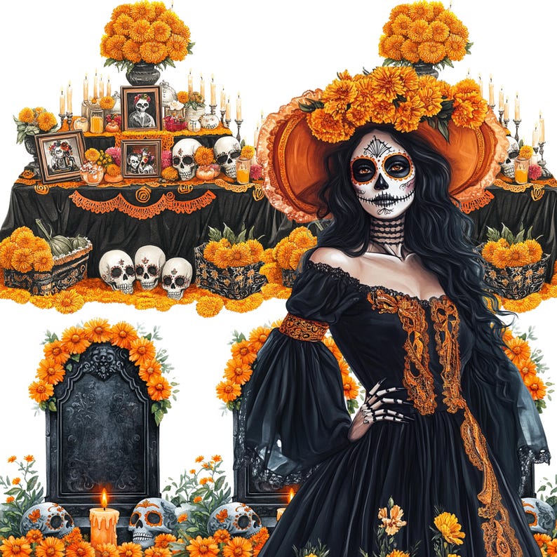 May include: An illustration of a Day of the Dead altar with skulls, marigolds, candles, and a woman in a black dress and sugar skull makeup. The altar is decorated with orange flowers and framed photos.
