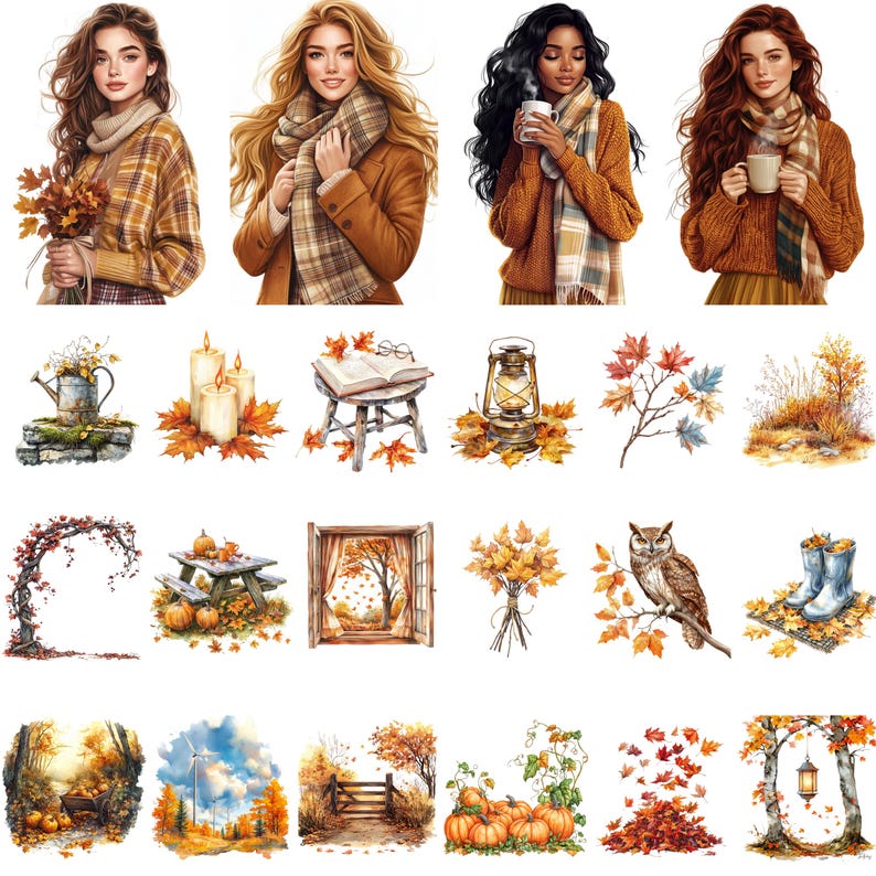 Pu&ograve; includere: Una collezione di illustrazioni ad acquerello con temi autunnali. Le immagini includono ritratti di donne in abiti autunnali, fogliame autunnale, zucche, candele, un gufo e altri elementi stagionali. La tavolozza dei colori &egrave; dominata da toni caldi.