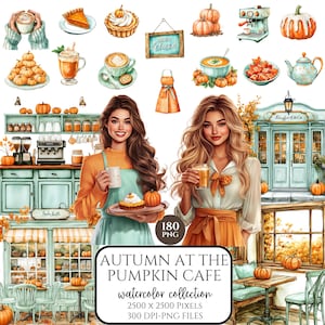 May include: A watercolour illustration of an autumn-themed cafe, featuring pumpkins, coffee, and pastries. The image includes two women, cafe furniture, and the text "Autumn at the Pumpkin Cafe".