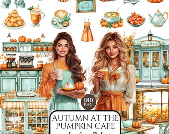 Clipart autunnale, Clipart di un caffè alla zucca, PNG di caffè autunnale, Clipart di un caffè latte autunnale, Ragazza accogliente al bar, PNG di dolcetti alla zucca, Grafica di un diario autunnale
