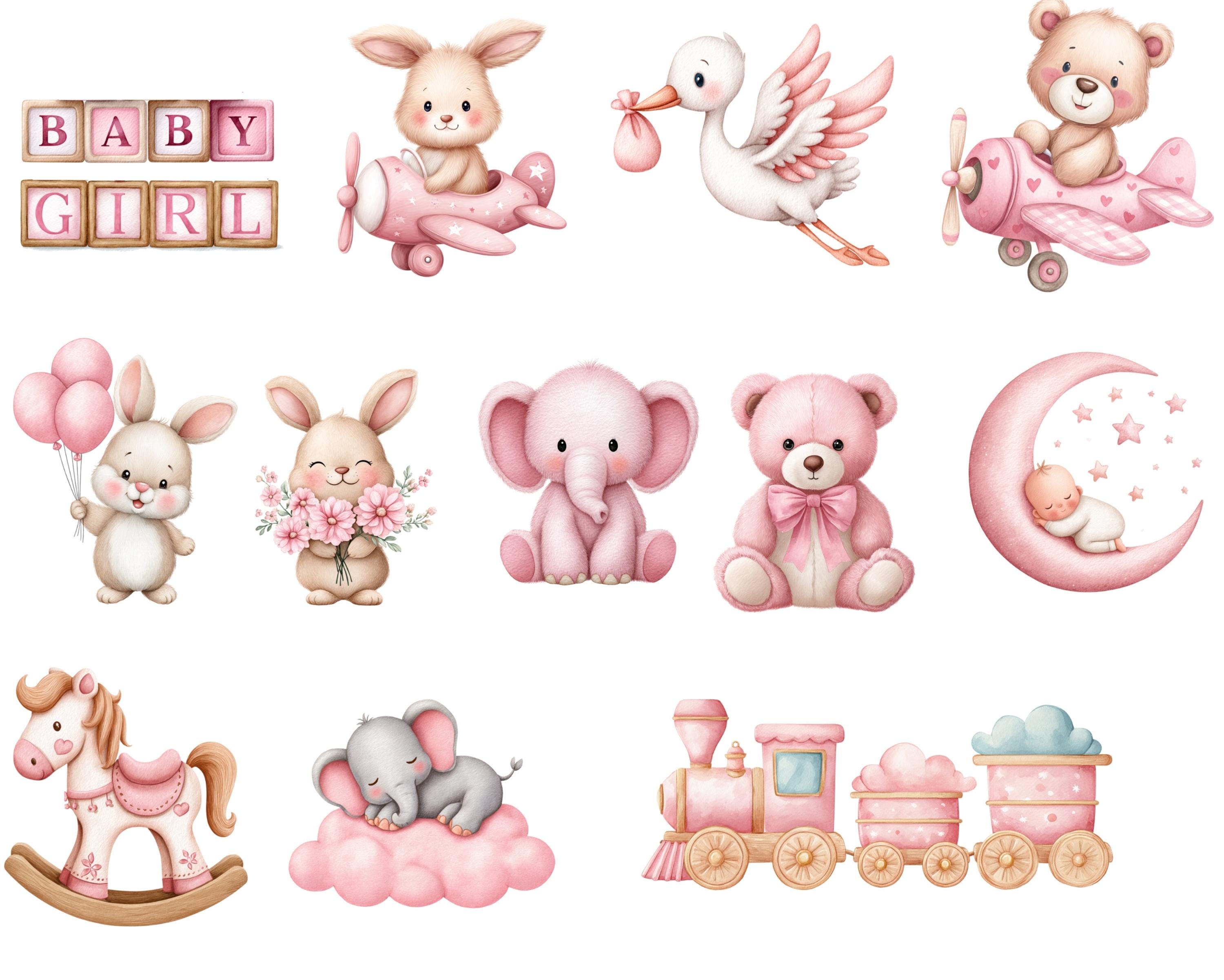 Pink Boho Nursery Clipart: Watercolor Baby Girl Animals (digital ...