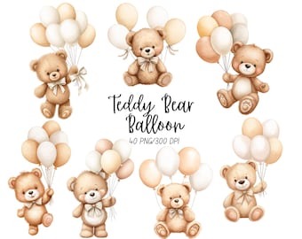 Neutral Teddy bear clipart, Balloons, Watercolor, Baby Shower, Instant Download, Cute bear, Nursery, Png, Flying bear, Commercial