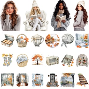 May include: Watercolor illustrations of cozy autumn scenes and items. Includes women in sweaters, reading books, and various fall-themed objects like a basket, socks, a tree, a radio, a book, a sweater, and window scenes.