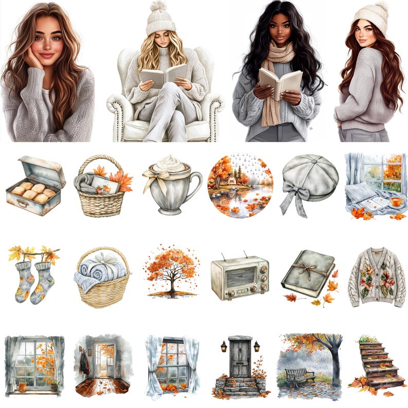 May include: Watercolor illustrations of cozy autumn scenes and items. Includes women in sweaters, reading books, and various fall-themed objects like a basket, socks, a tree, a radio, a book, a sweater, and window scenes.