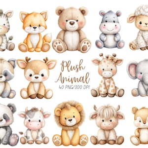 May include: A collection of watercolor plush animal illustrations, including a zebra, fox, bear, hippo, sheep, raccoon, deer, giraffe, elephant, panda, cow, lion, bull, and squirrel. The text "Plush Animal" is also included.