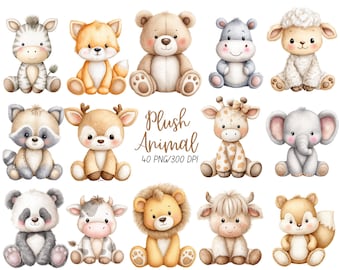 Cute Plush Animals Clipart, Vintage Stuffed Animals PNG Bundle, Nursery Animal Clip Art, Baby Shower Invitation, Scrapbooking, Digital PNG