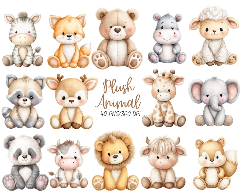 Cute Plush Animals Clipart, Vintage Stuffed Animals PNG Bundle, Nursery ...