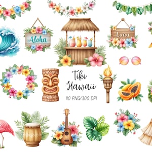 Può includere: Illustrazioni ad acquerello a tema Tiki Hawaii. Include un'onda, una tavola da surf, ghirlande floreali, un bar tiki, una maschera tiki, un fenicottero, un ukulele e fiori tropicali. È presente anche il testo "Tiki Hawaii".
