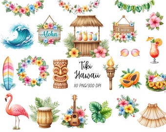 May include: Watercolor illustrations of Tiki Hawaii theme elements. Includes a wave, surfboard, floral garlands, a tiki bar, a tiki mask, a flamingo, a ukulele, and tropical flowers. The text "Tiki Hawaii" is also present.