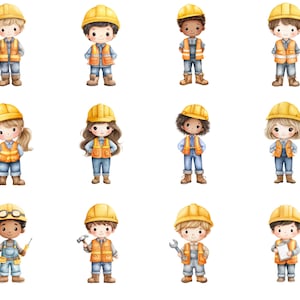 May include: Watercolor illustrations of construction workers, each wearing a yellow hard hat, orange safety vest, and denim overalls. Some figures hold tools like wrenches, hammers, and clipboards. The characters are depicted with various skin tones and hairstyles.