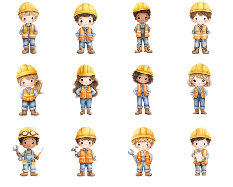 May include: Watercolor illustrations of construction workers, each wearing a yellow hard hat, orange safety vest, and denim overalls. Some figures hold tools like wrenches, hammers, and clipboards. The characters are depicted with various skin tones and hairstyles.