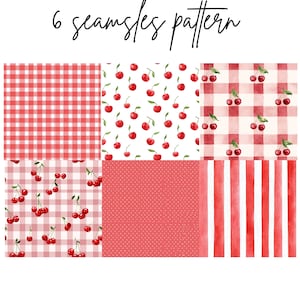 Puede incluir: Seis patrones sin costuras en rojo y blanco. Los dise&ntilde;os incluyen cuadros, cerezas, lunares y rayas. El texto "6 patrones sin costuras" est&aacute; escrito en cursiva en la parte superior de la imagen.