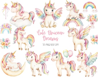 Unicorn Clipart, Watercolor, Cute Unicorn Png, Unicorn Clipart Bundle, Little Pastel Unicorns, Nursery Art, Commercial License