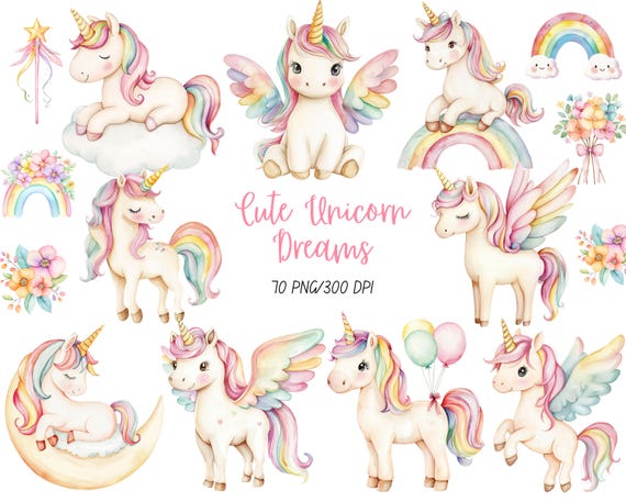 Unicorn Clipart, Watercolor, Cute Unicorn Png, Unicorn Clipart Bundle, Little Pastel Unicorns, Nursery Art, Commercial License