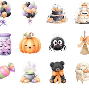 May include: A collection of watercolor illustrations featuring Halloween-themed items including balloons, cakes, a jar with bats, a smiling pumpkin, a spider, a broom, candy, a cauldron with green smoke, a black teddy bear, and an armchair.
