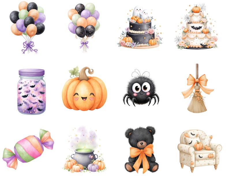 May include: A collection of watercolor illustrations featuring Halloween-themed items including balloons, cakes, a jar with bats, a smiling pumpkin, a spider, a broom, candy, a cauldron with green smoke, a black teddy bear, and an armchair.
