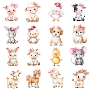 May include: Watercolor illustrations of various farm animals and pets, including a pig, lamb, chicken, cow, donkey, puppy, kitten, rabbit, goat, chick, and mouse. Each animal is adorned with a pink bow.