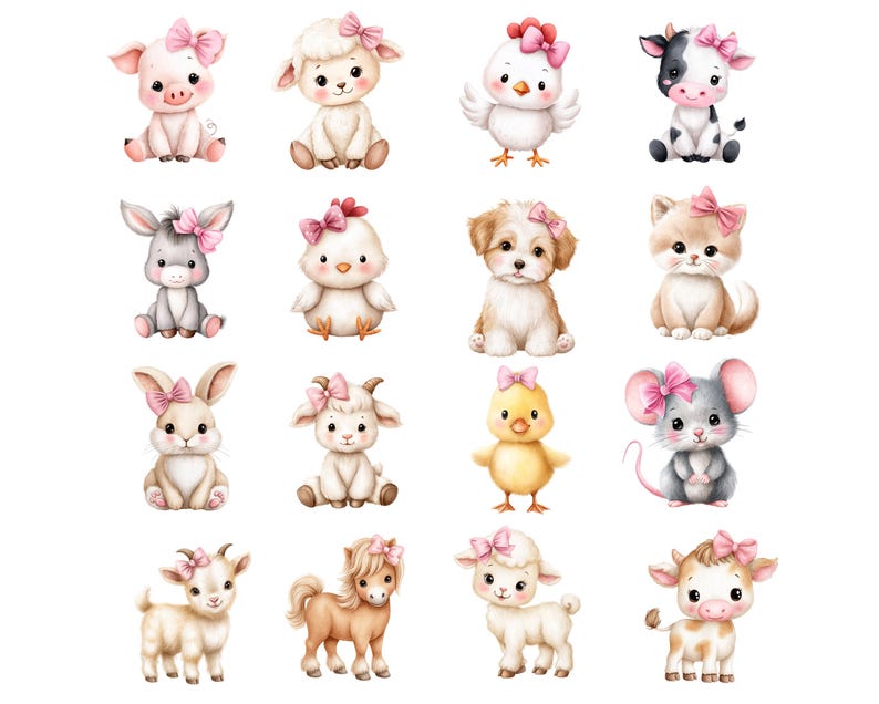 May include: Watercolor illustrations of various farm animals and pets, including a pig, lamb, chicken, cow, donkey, puppy, kitten, rabbit, goat, chick, and mouse. Each animal is adorned with a pink bow.