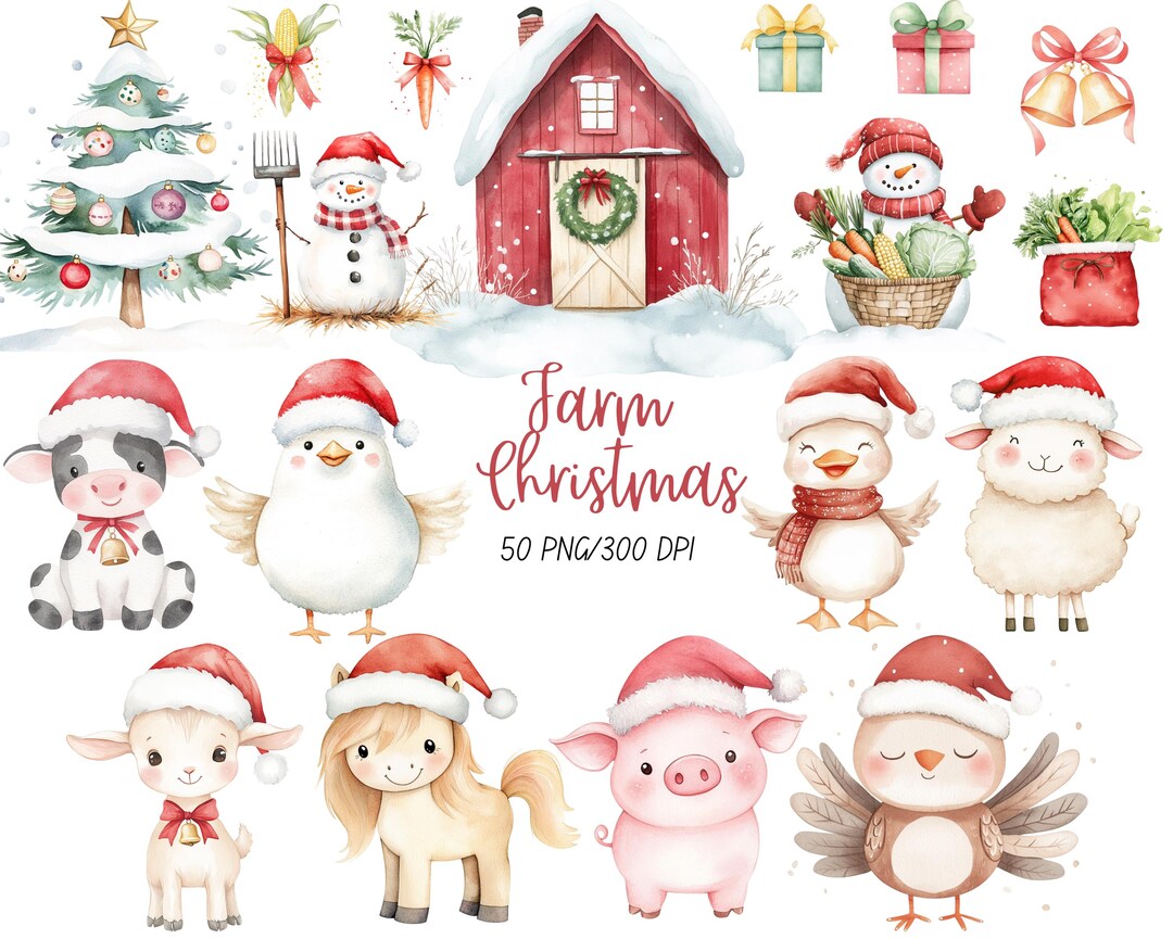 Watercolor Farm Friends Clipart, Cute Xmas Animals PNG, Christmas ...
