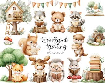 Animals Reading Books Clipart, Cute Woodland PNG, Forest Library, Classroom PNG, Woodland Nursery, Bear, Fox, Deer