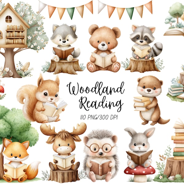 Clipart di libri di lettura di animali, PNG carino del bosco, biblioteca della foresta, PNG dell'aula, asilo nido del bosco, orso, volpe, cervo