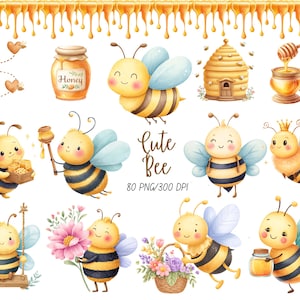 May include: Watercolor illustrations of cute bees, honey pots, and a beehive. The bees are yellow and black with blue wings, some holding honey dippers or flowers. The image has a honey-dripping border and the text "Cute Bee".