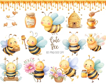 Cute Honey Bee Clipart Bundle, Watercolor Bees Clip Art, Cute Bumblebee PNG, Sweet As Honey, Spring, Nursery Decor, Baby Wall Art