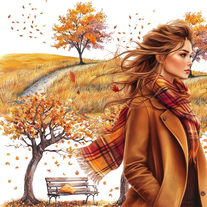 Pu&ograve; includere: Illustrazione di una donna con un cappotto marrone e una sciarpa a quadri, ambientata in un paesaggio autunnale. Sono visibili alberi con foglie arancioni e una panchina. La scena evoca l'autunno con foglie che cadono e colori caldi.