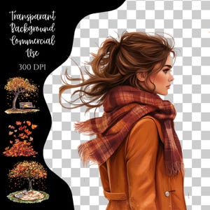 Pu&ograve; includere: Illustrazione di una donna con capelli castani fluenti, che indossa un cappotto color ruggine e una sciarpa a quadri. L'immagine ha uno sfondo trasparente e include il testo: "Transparent Background Commercial Use 300 DPI."