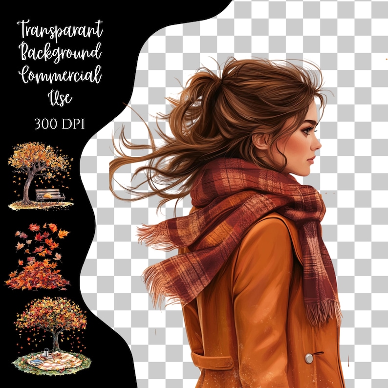 Pu&ograve; includere: Illustrazione di una donna con capelli castani fluenti, che indossa un cappotto color ruggine e una sciarpa a quadri. L'immagine ha uno sfondo trasparente e include il testo: "Transparent Background Commercial Use 300 DPI."